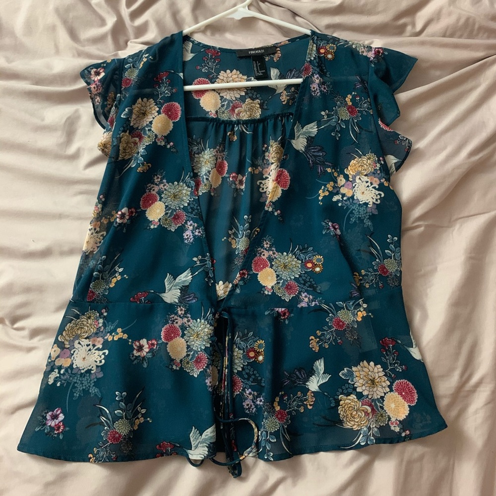 F21 Green Floral Wrap Top